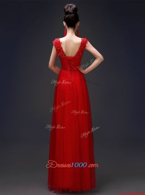 Inexpensive Scoop Red Lace Up Evening Dress Beading and Appliques Sleeveless Floor Length