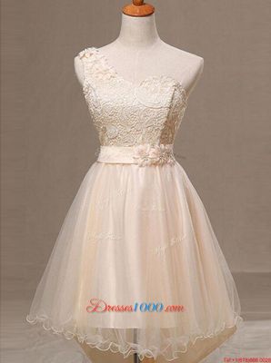 Ideal Champagne A-line Organza One Shoulder Sleeveless Lace and Pleated and Hand Made Flower Knee Length Lace Up Evening Dress
