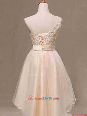 Ideal Champagne A-line Organza One Shoulder Sleeveless Lace and Pleated and Hand Made Flower Knee Length Lace Up Evening Dress