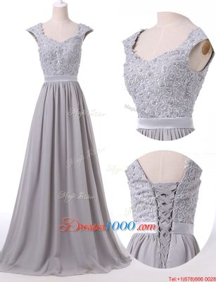 Grey Prom and For with Lace and Pleated Scoop Cap Sleeves Lace Up