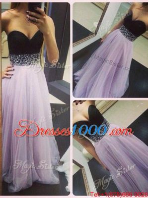 Custom Fit Lavender Tulle Zipper Sweetheart Sleeveless Floor Length Dress for Prom Beading