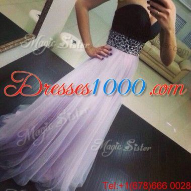 Custom Fit Lavender Tulle Zipper Sweetheart Sleeveless Floor Length Dress for Prom Beading
