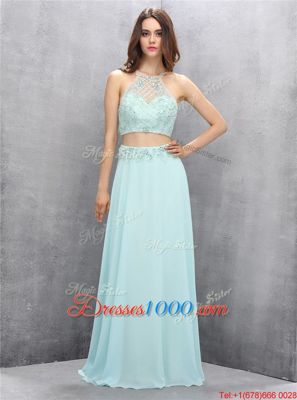 Nice Halter Top Floor Length Zipper Prom Evening Gown Light Blue and In for Prom with Beading