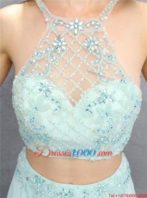 Nice Halter Top Floor Length Zipper Prom Evening Gown Light Blue and In for Prom with Beading
