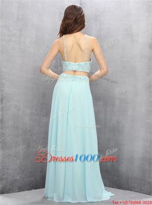 Nice Halter Top Floor Length Zipper Prom Evening Gown Light Blue and In for Prom with Beading