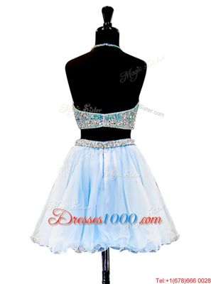 Tulle Halter Top Sleeveless Zipper Beading Evening Wear in Light Blue