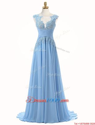 Scoop Sleeveless Chiffon With Brush Train Zipper Prom Gown in Light Blue for with Appliques