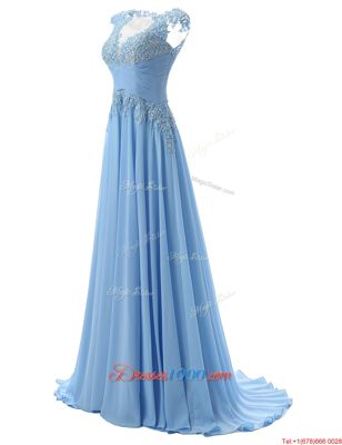 Scoop Sleeveless Chiffon With Brush Train Zipper Prom Gown in Light Blue for with Appliques