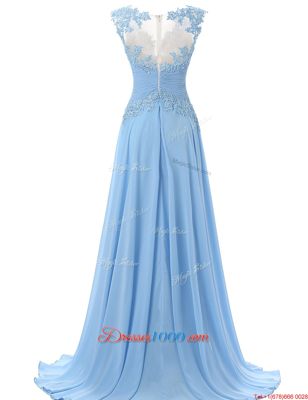 Scoop Sleeveless Chiffon With Brush Train Zipper Prom Gown in Light Blue for with Appliques