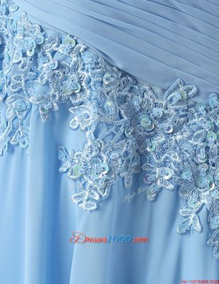 Scoop Sleeveless Chiffon With Brush Train Zipper Prom Gown in Light Blue for with Appliques