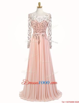 Scoop Long Sleeves Sweep Train Backless Prom Party Dress Peach Chiffon