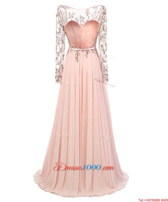 Scoop Long Sleeves Sweep Train Backless Prom Party Dress Peach Chiffon