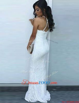 Elegant Mermaid Square White Evening Dress Lace Brush Train Sleeveless Lace