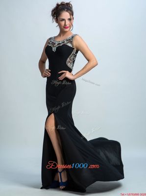 Latest Mermaid Scoop With Train Zipper Evening Dress Black and In for Prom and Party with Beading Brush Train
