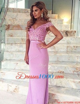 Mermaid Off the Shoulder Short Sleeves Brush Train Zipper Lace and Sashes|ribbons Prom Dress