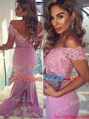 Mermaid Off the Shoulder Short Sleeves Brush Train Zipper Lace and Sashes|ribbons Prom Dress