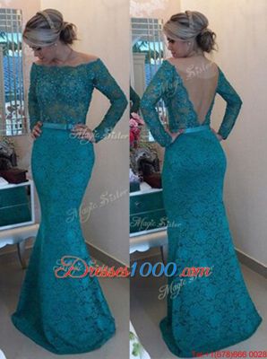 Fantastic Mermaid Lace Floor Length Green Bateau Long Sleeves Backless