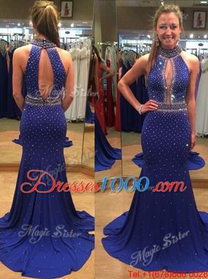 Edgy Royal Blue Mermaid High-neck Sleeveless Chiffon With Train Court Train Backless Sequins Prom Gown