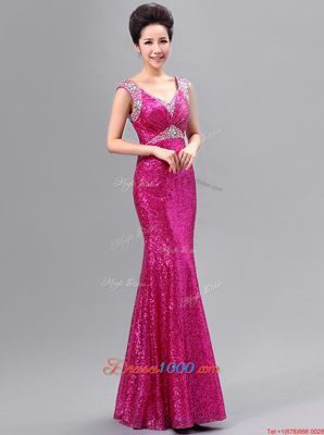 Mermaid Fuchsia Sleeveless Sequins Floor Length Prom Dress