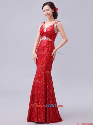 Mermaid Fuchsia Sleeveless Sequins Floor Length Prom Dress