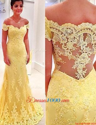 Mermaid Off the Shoulder Yellow Prom Evening Gown Lace Brush Train Short Sleeves Appliques