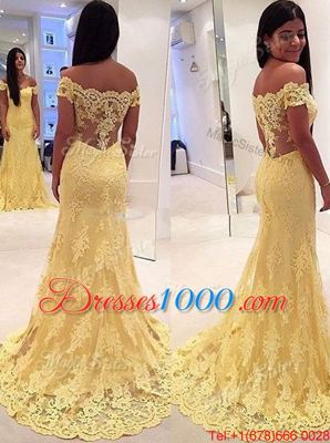 Mermaid Off the Shoulder Yellow Prom Evening Gown Lace Brush Train Short Sleeves Appliques