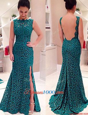 Designer Mermaid Teal Scalloped Backless Lace Dress for Prom Sleeveless