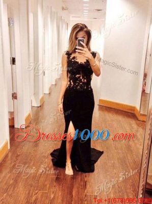 Fashion Mermaid Scoop Black Sleeveless Brush Train Appliques Prom Dresses