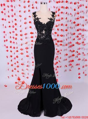 Fashion Mermaid Scoop Black Sleeveless Brush Train Appliques Prom Dresses