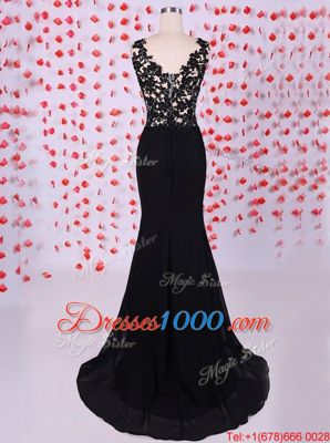 Fashion Mermaid Scoop Black Sleeveless Brush Train Appliques Prom Dresses