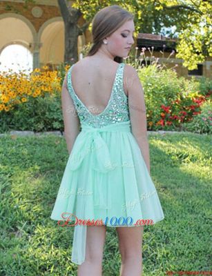 Sophisticated Apple Green Backless Bateau Beading and Bowknot Homecoming Dress Chiffon Sleeveless