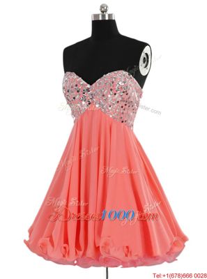 Watermelon Red Chiffon Lace Up Sweetheart Sleeveless Mini Length Teens Party Dress Beading