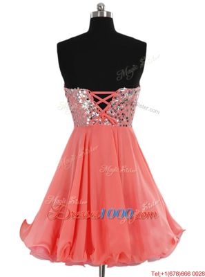 Watermelon Red Chiffon Lace Up Sweetheart Sleeveless Mini Length Teens Party Dress Beading