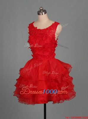 Scoop Sleeveless Zipper Prom Party Dress Red Organza