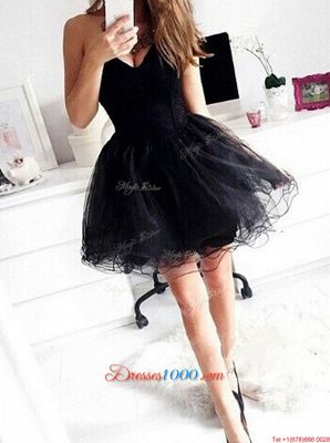 Customized Black Organza Zipper Evening Party Dresses Sleeveless Mini Length Ruffles