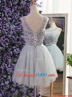 Scoop Grey Lace Up Homecoming Party Dress Appliques Sleeveless Mini Length