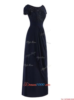 Exquisite Scoop Navy Blue A-line Lace and Ruching Prom Dress Zipper Chiffon Short Sleeves Floor Length