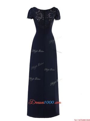 Exquisite Scoop Navy Blue A-line Lace and Ruching Prom Dress Zipper Chiffon Short Sleeves Floor Length