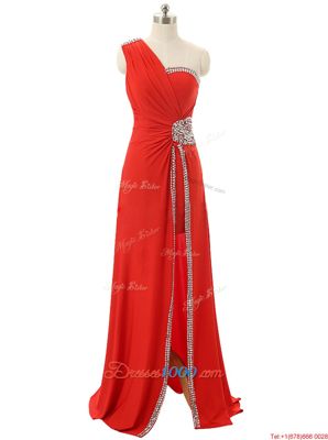 One Shoulder Red Sleeveless Beading and Ruching Floor Length