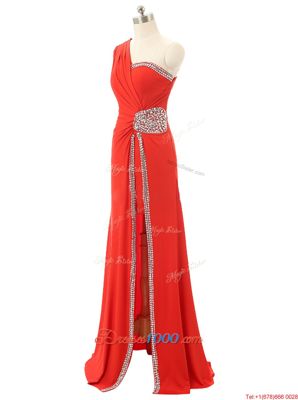 One Shoulder Red Sleeveless Beading and Ruching Floor Length