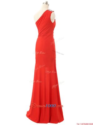 One Shoulder Red Sleeveless Beading and Ruching Floor Length