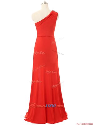 One Shoulder Red Sleeveless Beading and Ruching Floor Length