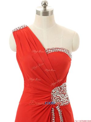 One Shoulder Red Sleeveless Beading and Ruching Floor Length