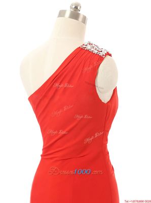 One Shoulder Red Sleeveless Beading and Ruching Floor Length