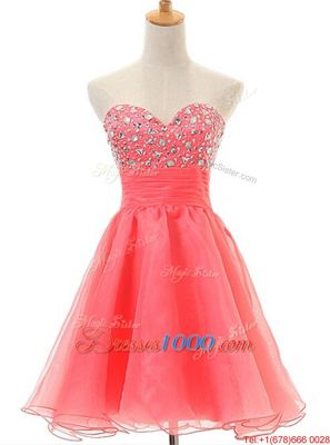 Watermelon Red Organza Zipper Dress for Prom Sleeveless Beading