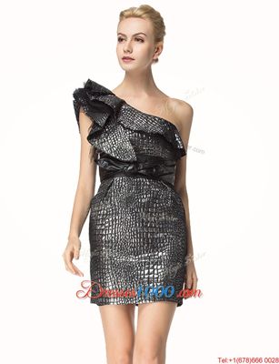 Black Column/Sheath Satin One Shoulder Sleeveless Ruffles and Sashes|ribbons Mini Length Zipper Evening Party Dresses