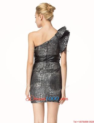 Black Column/Sheath Satin One Shoulder Sleeveless Ruffles and Sashes|ribbons Mini Length Zipper Evening Party Dresses