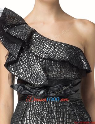 Black Column/Sheath Satin One Shoulder Sleeveless Ruffles and Sashes|ribbons Mini Length Zipper Evening Party Dresses