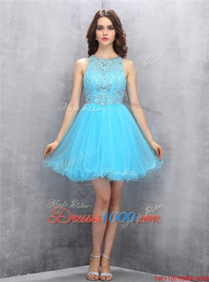 Romantic Scoop Baby Blue Zipper Dress for Prom Beading Sleeveless Knee Length
