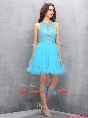Romantic Scoop Baby Blue Zipper Dress for Prom Beading Sleeveless Knee Length